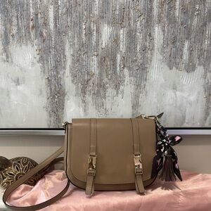 Neutral Taupe Crossbody Saddle Bag with Tassel Scarf Accent